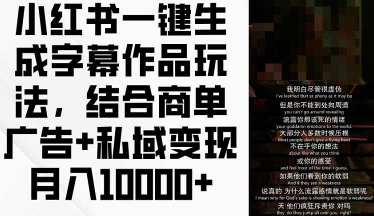 小红书一键生成字幕作品玩法，结合商单广告+私域变现月入1w+【揭秘】-阳明聊项目