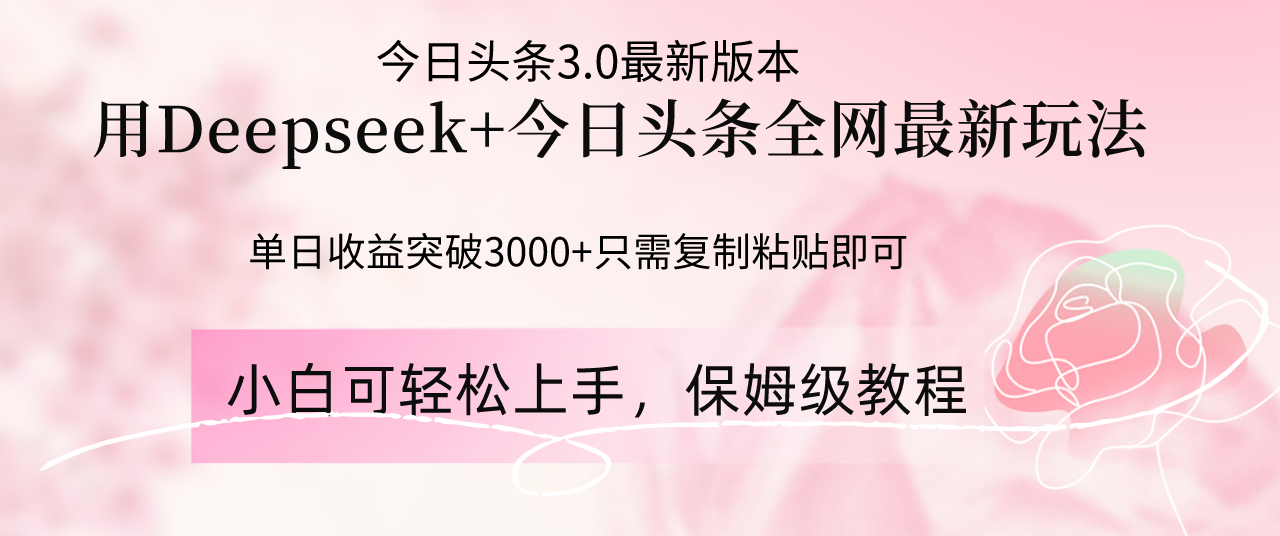 Deepseek结合今日头条全网最新玩法，单日收益突破3000+，只需要简单的…-阳明聊项目