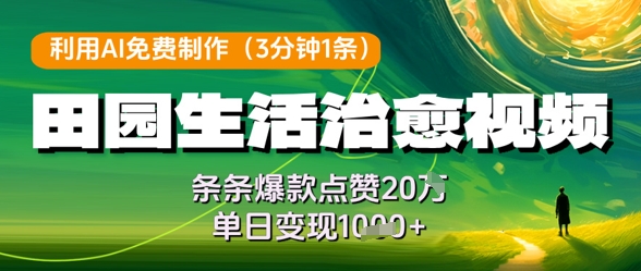 利用AI免费制作田园生活治愈视频，条条爆款点赞20W，单日变现几张-阳明聊项目