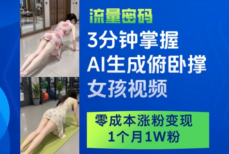 3分钟掌握AI生成俯卧撑女孩视频，零成本涨粉变现，1个月1W粉-阳明聊项目