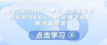 小红书3分钟一条作品精准引流创业粉300+，打造属于自己的流量帝国-阳明聊项目