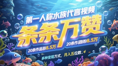 第一人称水族代言视频，条条万赞，20条作品涨粉7.8W，多种变现方式月入五位数-阳明聊项目