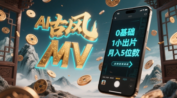 AI一键生成古风音乐MV，0剪辑基础1小时出片，多种变现渠道，一部手机月入5位数-阳明聊项目