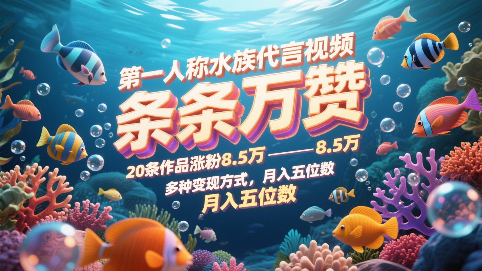 第一人称水族代言视频，条条万赞，20条作品涨粉8.5万，多种变现方式月，入五位数-阳明聊项目