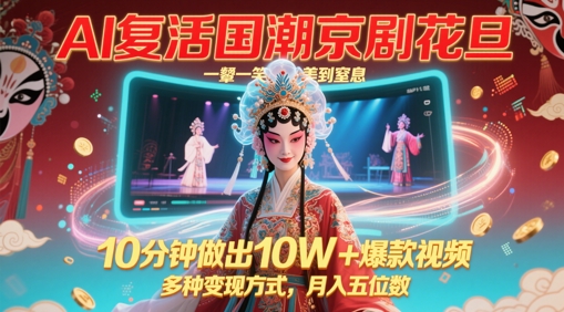 AI复活国潮京剧花旦，一颦一笑美到窒息，10分钟做出10W+爆款视频，多种变现方式，月入五位数-阳明聊项目