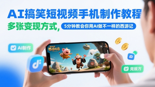 AI搞笑短视频手机制作教程，多张变现方式，5分钟教会你用AI做不一样的西游记-阳明聊项目