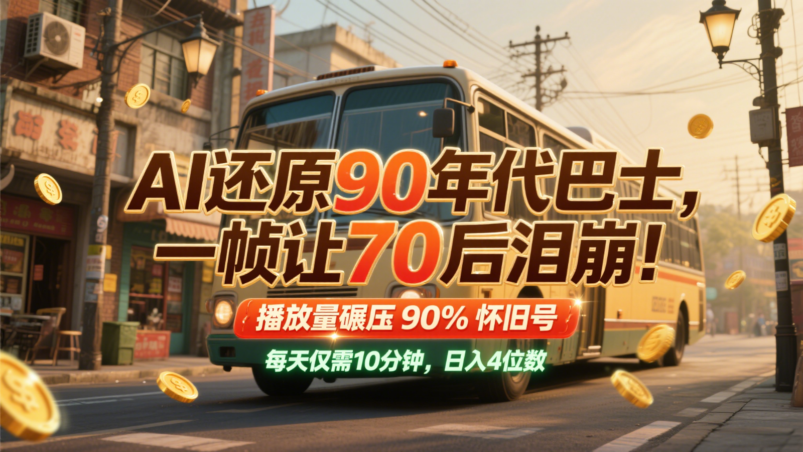 AI还原90年代巴士，一帧让70后泪崩！播放量碾压90%怀旧号，每天10分钟，日入4位数-阳明聊项目