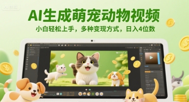 AI生成萌宠动物视频，小白轻松上手，多种变现方式，日入4位数-阳明聊项目