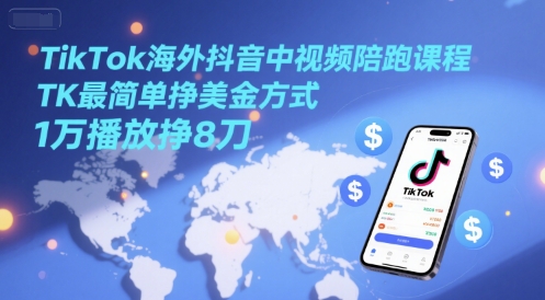 TikTok海外抖音中视频陪跑课程，TK最简单挣美金方式，1万播放挣8刀-阳明聊项目
