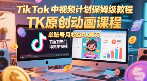 TikTok中视频计划保姆级教程，TK原创动画课程，单账号月收益4k美刀-阳明聊项目