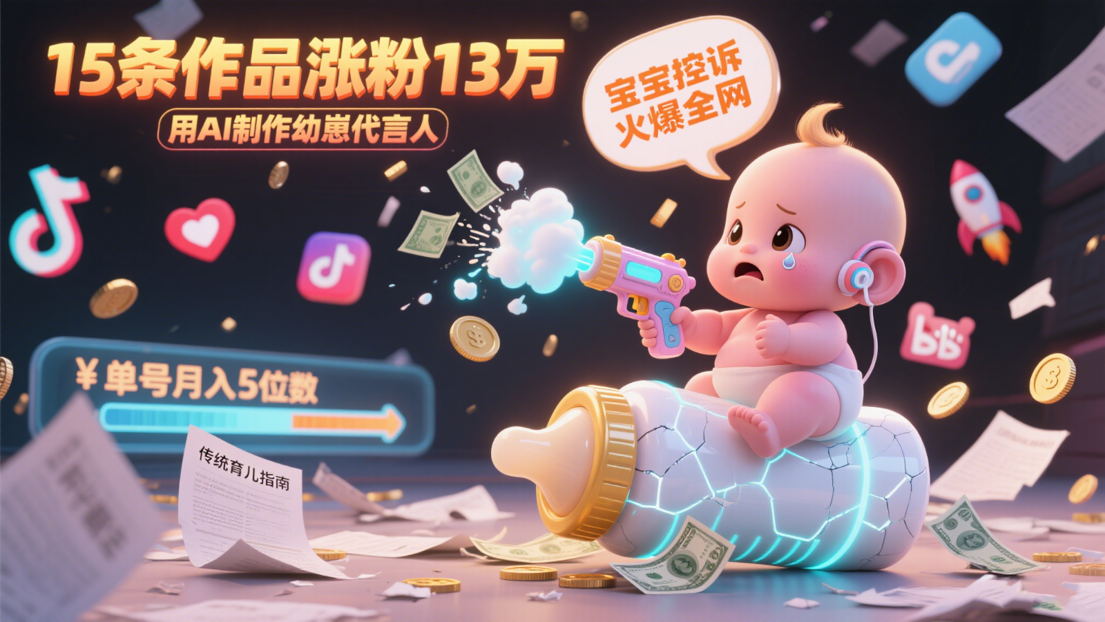 用AI制作幼崽代言人，宝宝的控诉火爆全网，15条作品涨粉13万，单号月入5位数实操教程-阳明聊项目