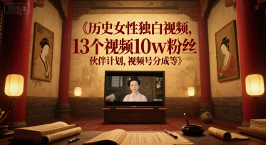 历史女性独白视频，13个视频10w粉丝，伙伴计划，视频号分成等-阳明聊项目