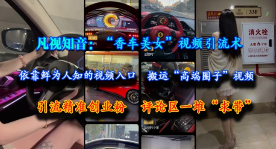 凡视知音：“香车美女”视频引流术，依靠鲜为人知的视频入口，搬运“高端圈子”视频，引流精准创业粉，评论区一堆“求带”-阳明聊项目