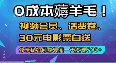 0成本薅羊毛!视频会员、话费卷、30元电影票白送，分享我如何靠转卖一天变现5张+【揭秘】-阳明聊项目